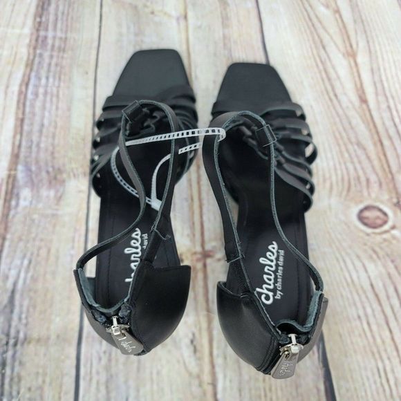 Charles by Charles David 10M Black Leather Caged Black Heel Open Toe Sandals - Picture 6 of 9